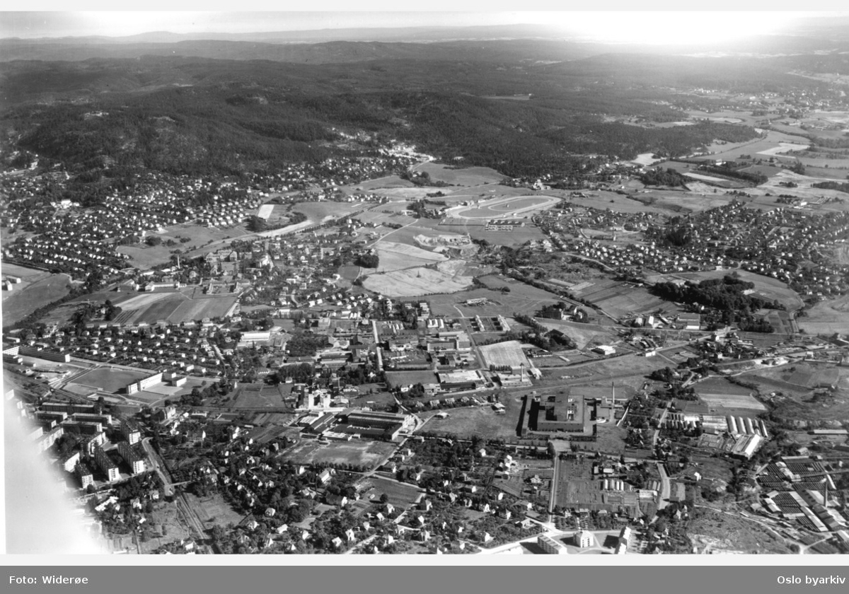 Panoramabilde. Sinsen til venstre, Aker sykehus lenger opp, Bjerke travbane bak, Risløkka og Økern til høyre, Marka og jordbruk i Groruddalen bak. (Flyfoto)