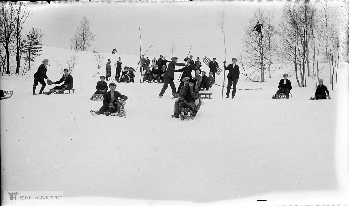Barn og ungdommer leker i snøen.