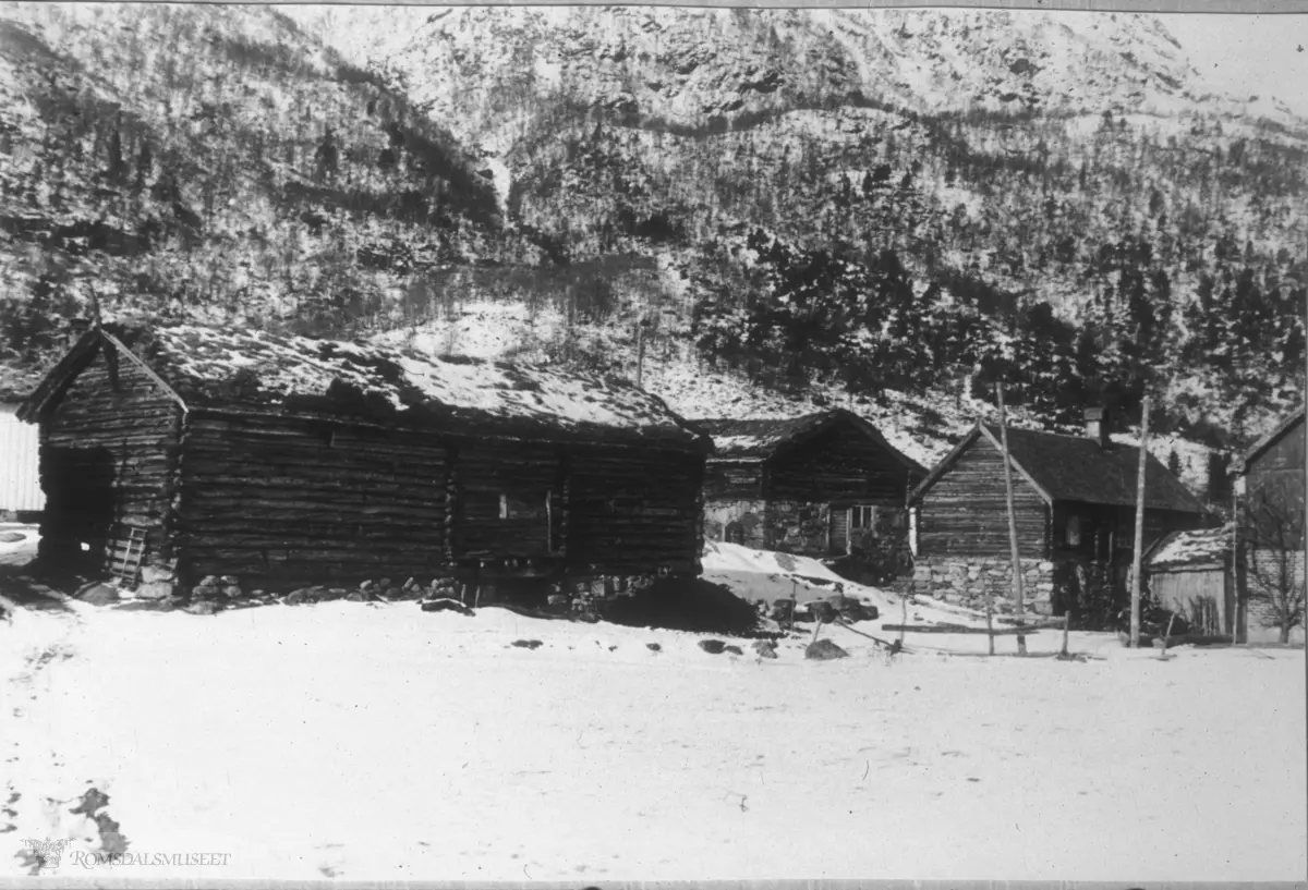 Trøskarlåven på bruk nr 3 og fjøset på bruk nr 4..De to andre er gamle bygninger på bruk nr 3. .(Se Romsdalsmuseets årbok 2003)
