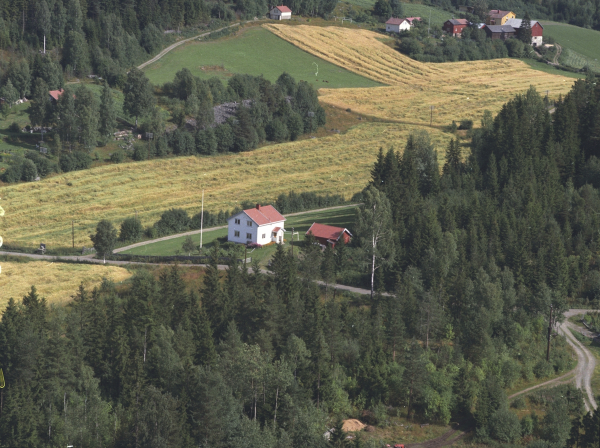 Flyfoto, garden i bakgrunnen er Sveom, boligen i forgrunnen tilhører gården, Bergsengroa, Ringsaker.