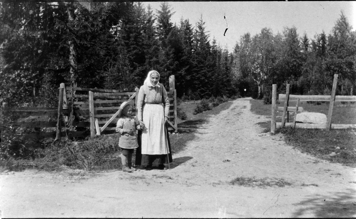 Bestemor Pernille (1840-1929) og sønnesønnen Gudbrand Konningrud F.1913 ved Tajet, postkort 1917, Konningrud, Nes, Hedmark. Ved tajet der gardsvegen til Konningrud tar av fra bygdvegen gjennom skogen.