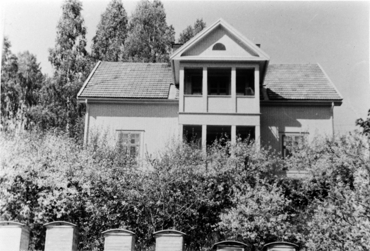 Huset til Arnt L. Hornæss, bygd av stasjonsmester Ludvig Jensen i 1926. Ringsaker. Bikuber i hagen.