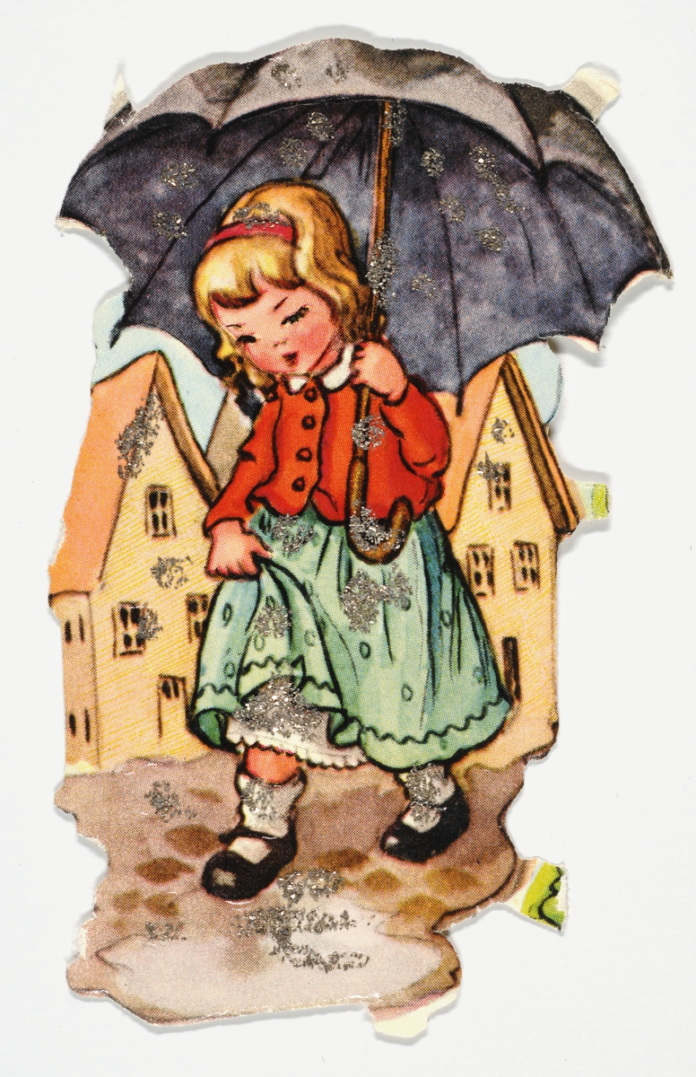 En jente spaserer med en oppslått paraply. 2 hus i bakgrunnen