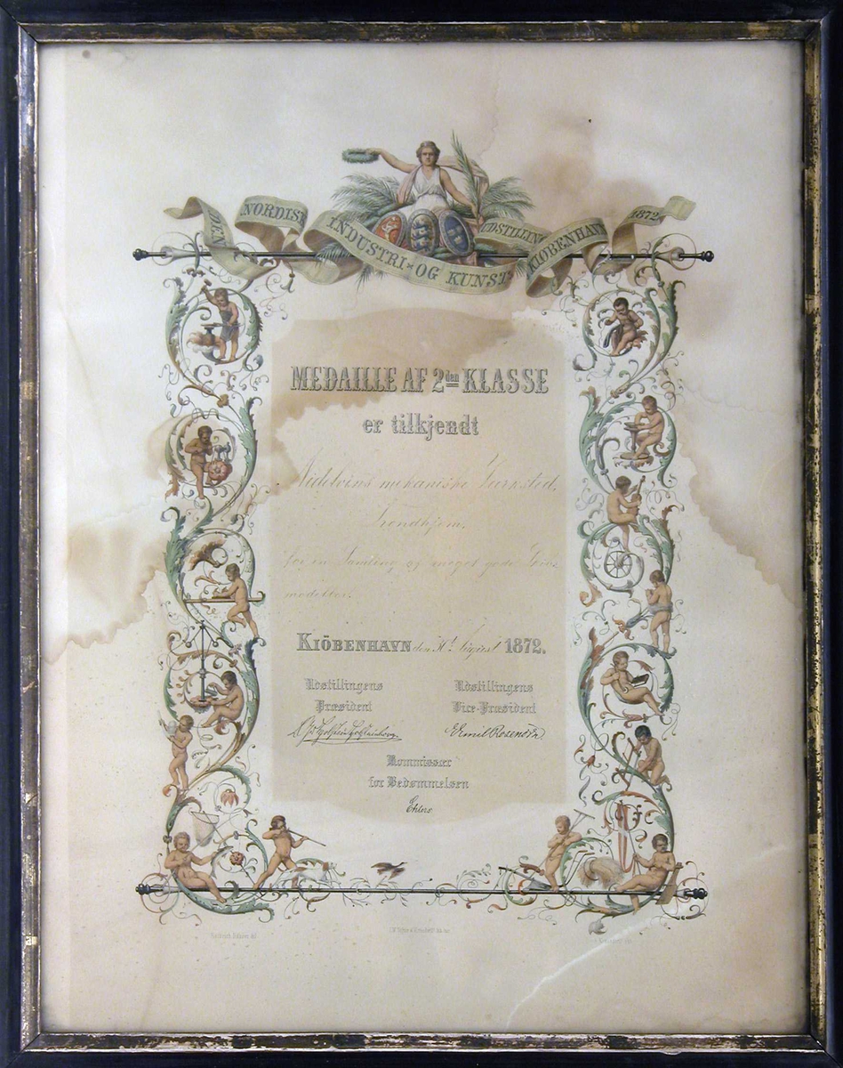 Diplom tildelt Nidelvens Mekaniske Verksted av Den Nordiske Industri og Kunstutstilling i 1872.