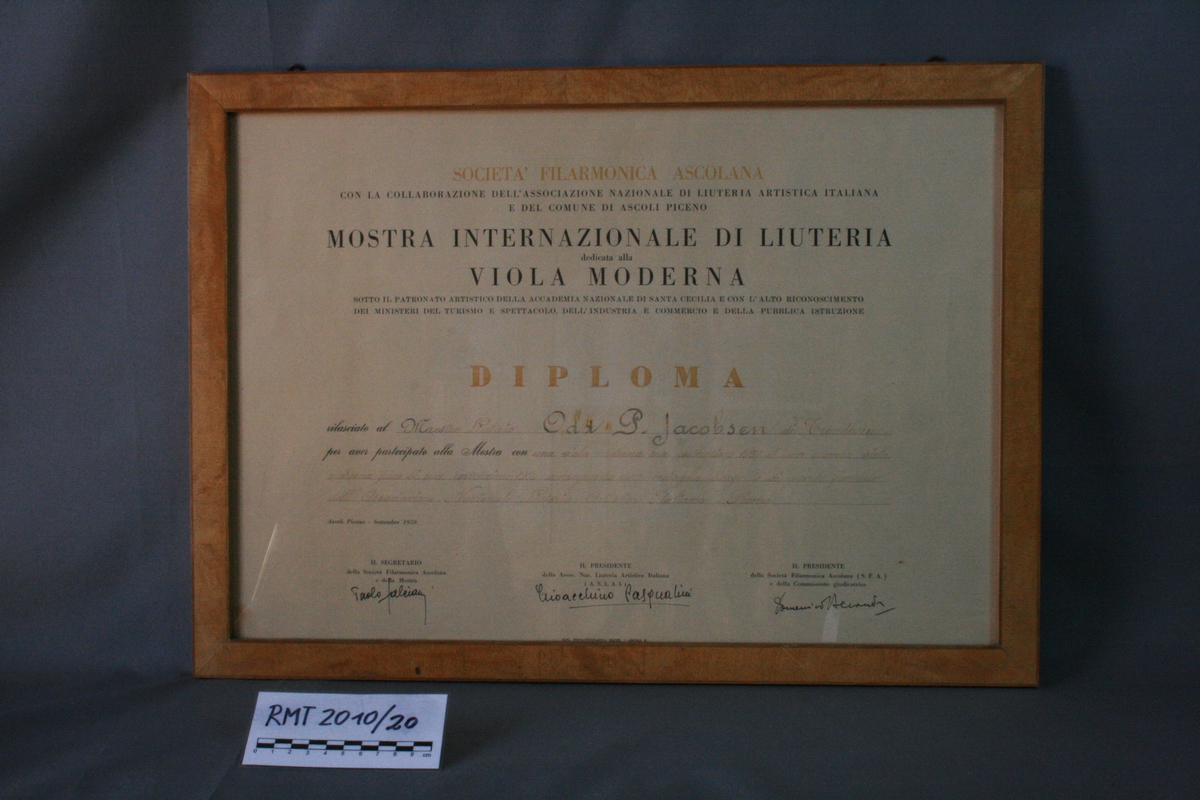 Diplom fra utstilling i Ascoli, Piceno i 1959.