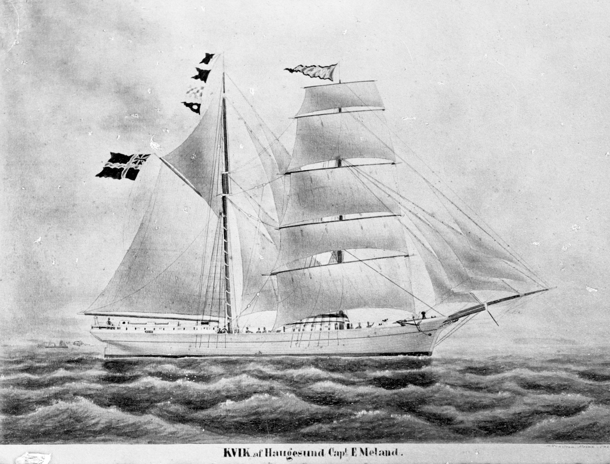 Avfotografert maleri av skonnertskipet "Kvik" for fulle seil, med mindre båt og en øy i bakgrunnen.