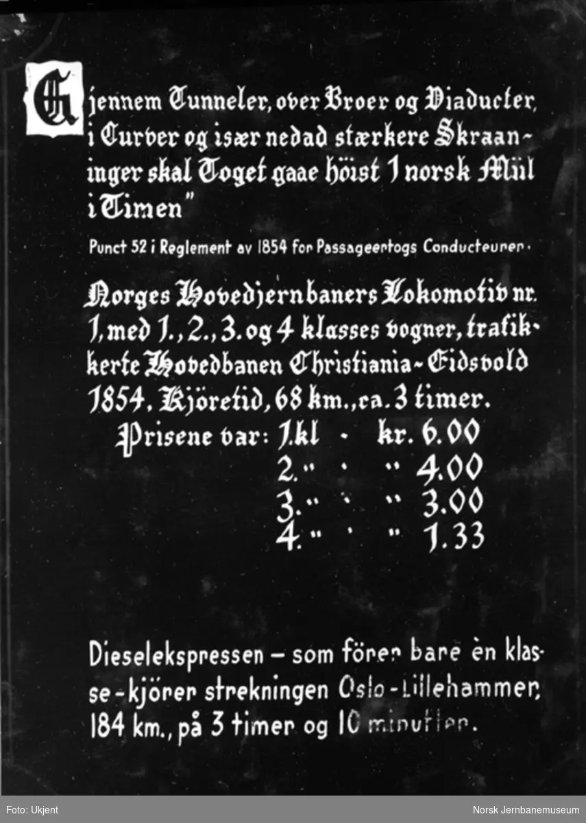 Jernbanemuseet på Disen : Foto av plakat med informasjon om priser og hastigheter