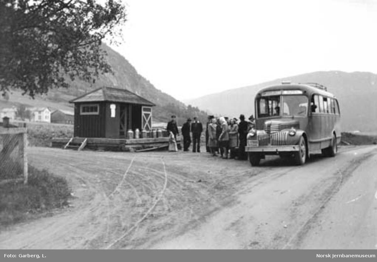 Selburutens buss C-17889 og reisende ved Elvran holdeplass