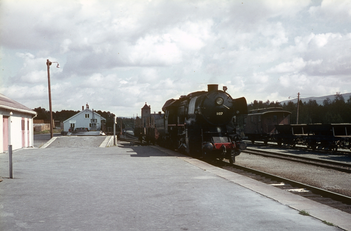 Damplokomotiv type 63a nr. 1107 med godstog 5704 på Oppdal stasjon.