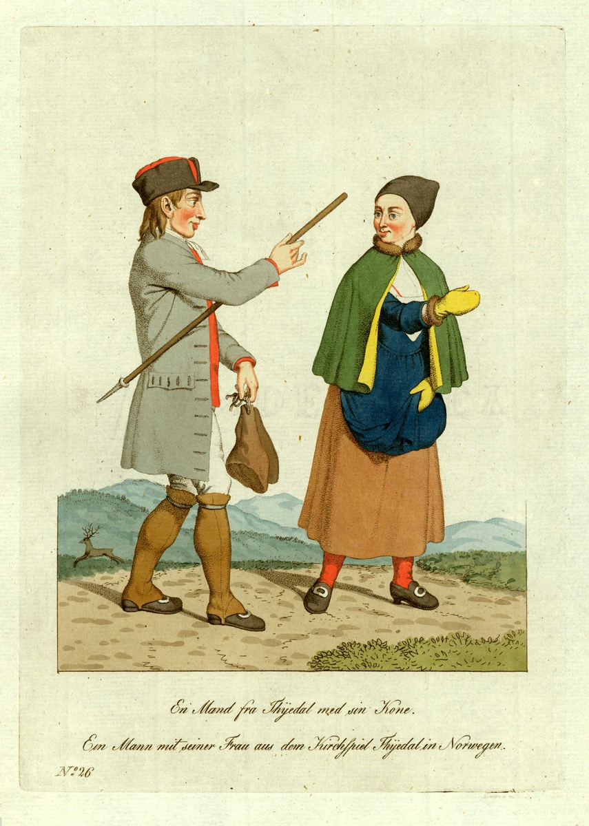Mann og kone i folkedrakter fra Tydal, Sør-Trøndelag, han med vandrestav og skinker i hendene, hun med en pose om livet.