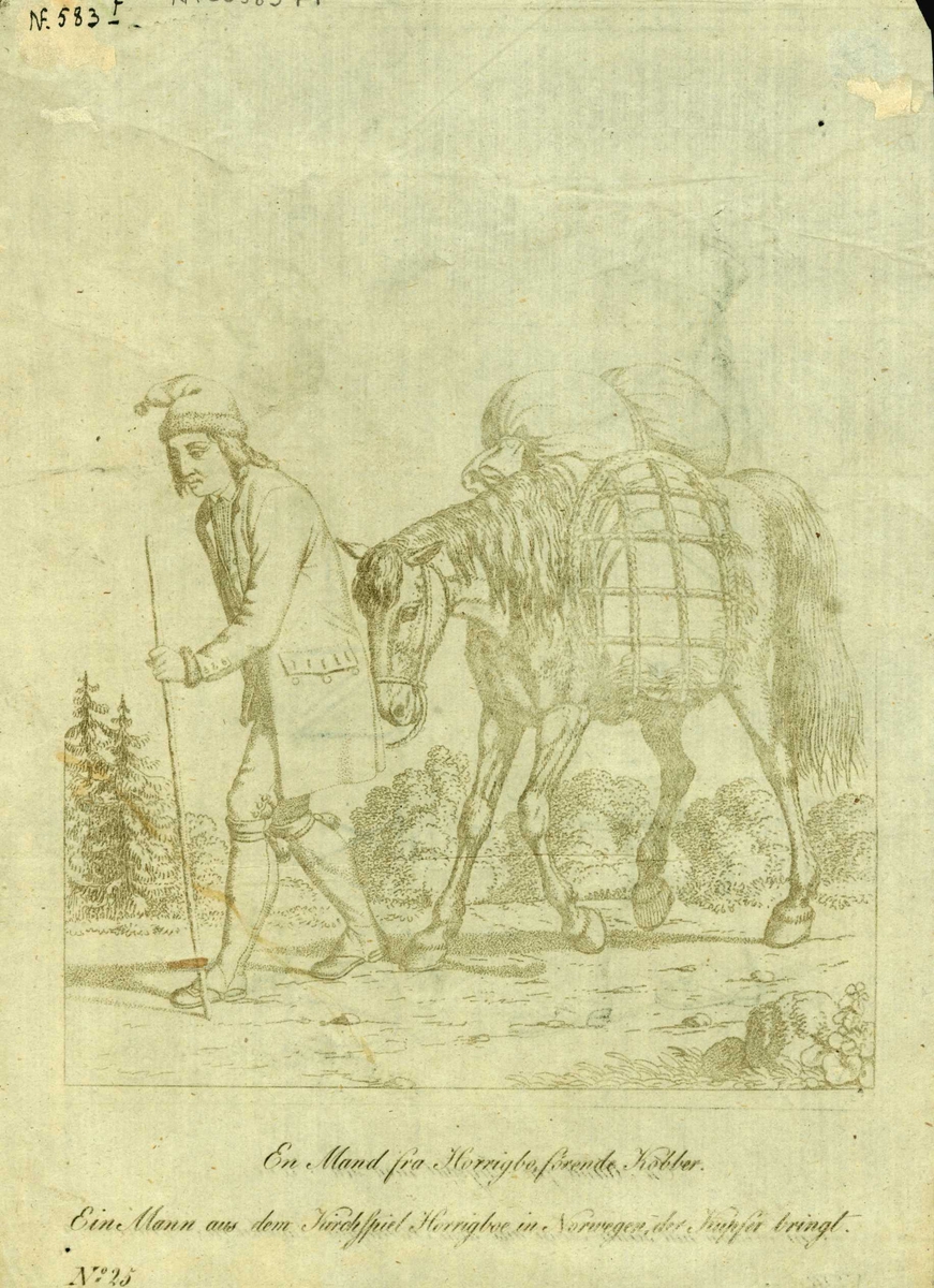 Mann i folkedrakt fra Horg, Melhus, Sør-Trøndelag, med vandrestav foran hest som frakter kobber, med sidekurv og sekk på ryggen.