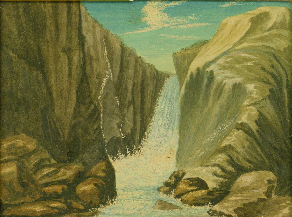 Oppstillingsliste: "Ramme: Forgylt / Henrik Ibsen: Vøringsfossen // Innskrift på baksiden sign. Francis Bull."
Akvarell i ramme.