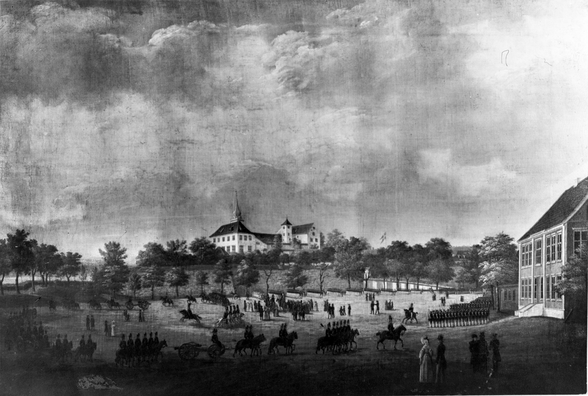 Akershus slott og festning, Oslo 1835. Parade på festningsplassen. Malt av Gjøs.