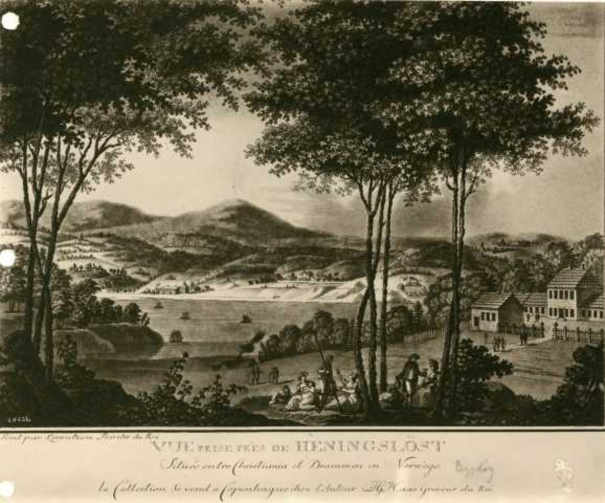 Henningslyst, Bygdøy, Oslo. Avfotografert trykk, produsert av Haas etter Lorentzens maleri. Mennesker og hus i landskap.