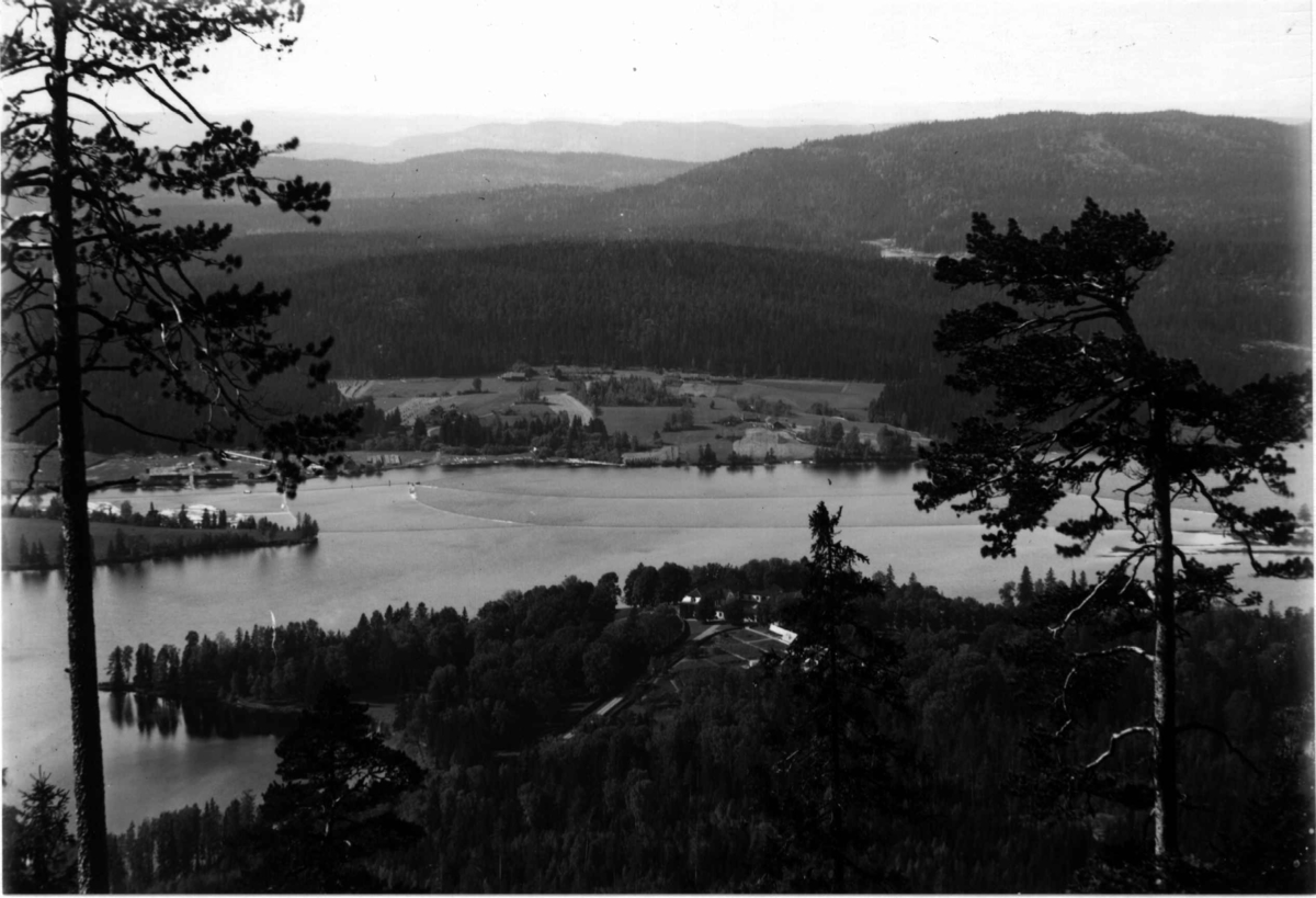 Bogstad gård, Bogstadvannet og landskapet omkring.  Oversiktsbilde. Sett fra Lillevann 1923. Bebyggelse og skog i bakgrunnen.