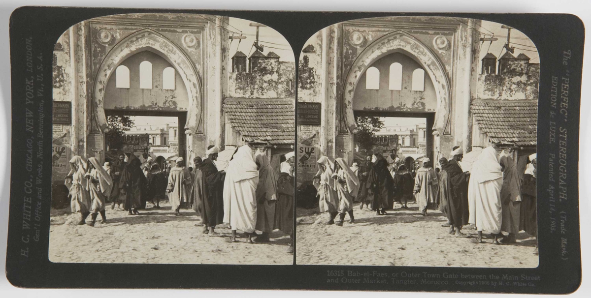 Stereoskopi. Bab-el-Faes, den ytre byporten mellom hovedgaten og markedet i Tanger, Marokko.