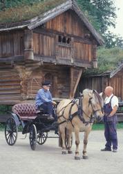 To menn og  hesten Thordis med vogn i Telemarkstunet på Nors