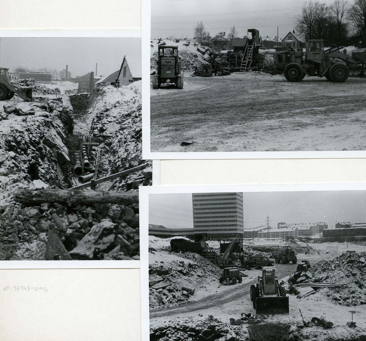 Byggeplass.Konstruksjon av Tiedemanns Tobaksfabrik på Hovin i 1967. Et montasje av tre fotografier som viser gravemaskiner i arbeid på byggeplassen.
