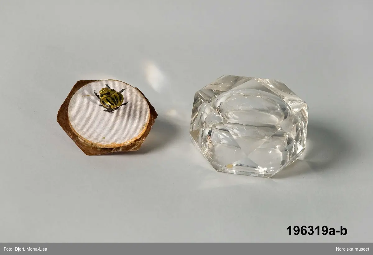 Huvudliggare:
"Spiritus, guldbagge på rund träskiva i hus av slipat glas (ett upp- och nedvänt saltkar) 
G som 196311"