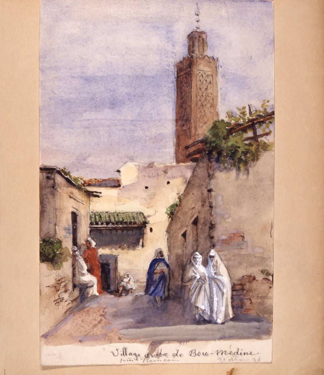 "Village arabe de Bou-Médine". Tlemcen, Algeriet, 31 mars 1886. Akvarell av Fritz von Dardel.