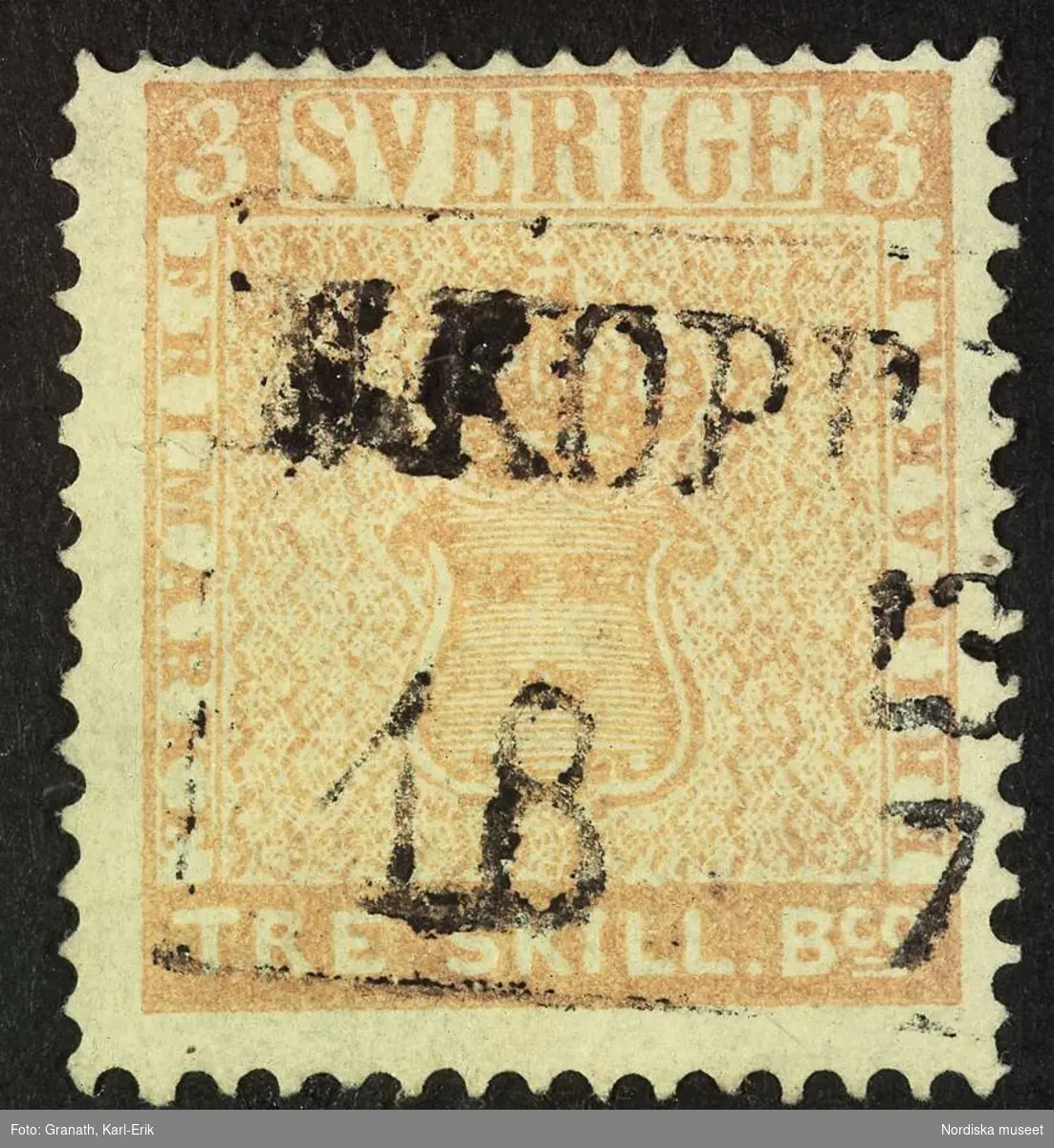 Postväsende, filateli. Det feltryckta frimärket Gul tre skilling banco. Poststämplat i Kopparberg 13 juli 1857. Världens dyraste frimärke. 
