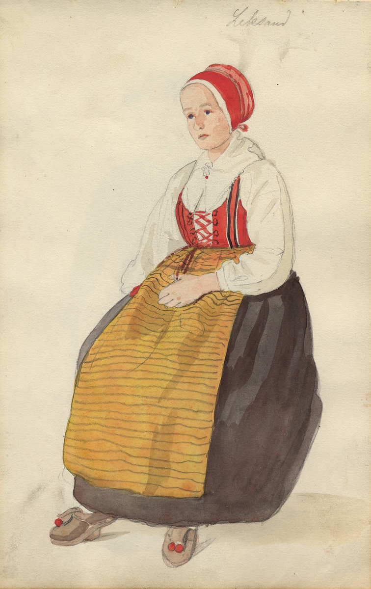 Akvarell. "Leksand" Kvinna i dräkt, sittande i helfigur. Ur Skissbok av A. J.G. Virgin