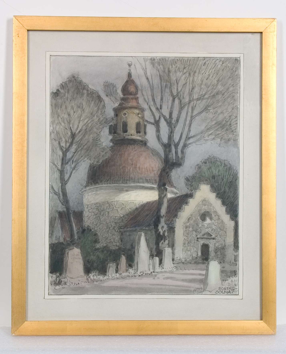 Akvarellen föreställer Solna kyrka, Solna socken, Uppland.