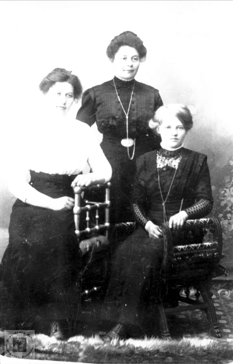 Portrett av tre unge damer trolig fra Bjellandsområdet.
