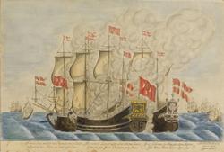 Batallie mellem danske og algirske skib [Akvarell]
