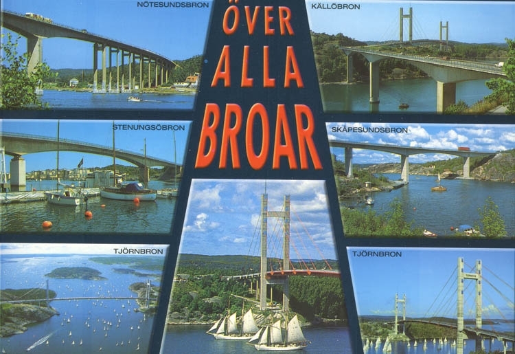 "Flygfoto. Över alla broar. Nötesundsbron, Källöbron, Skåpesundsbron, Tjörnbron, Stenungsöbron".