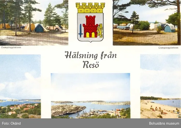 Tryckt text på kortet: "Hälsning från Resö". 
"Campingplatsen, Parti av Resö, Resö Hamn, Kyrkvikens bad".
"ULTRAFÖRLAGET A.B.- SOLNA".