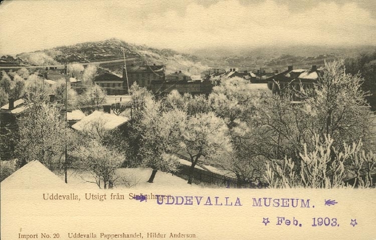 Tryckt text på vykortets framsida: "Uddevalla, Utsigt från Strömhagen."
"Uddevalla pappershandel, Hildur Anderson."