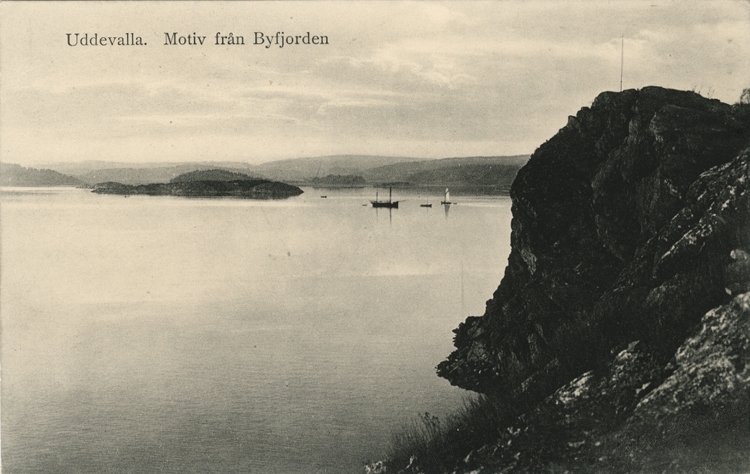 Tryckt text på vykortets framsida: "Uddevalla Motiv från Byfjorden."
