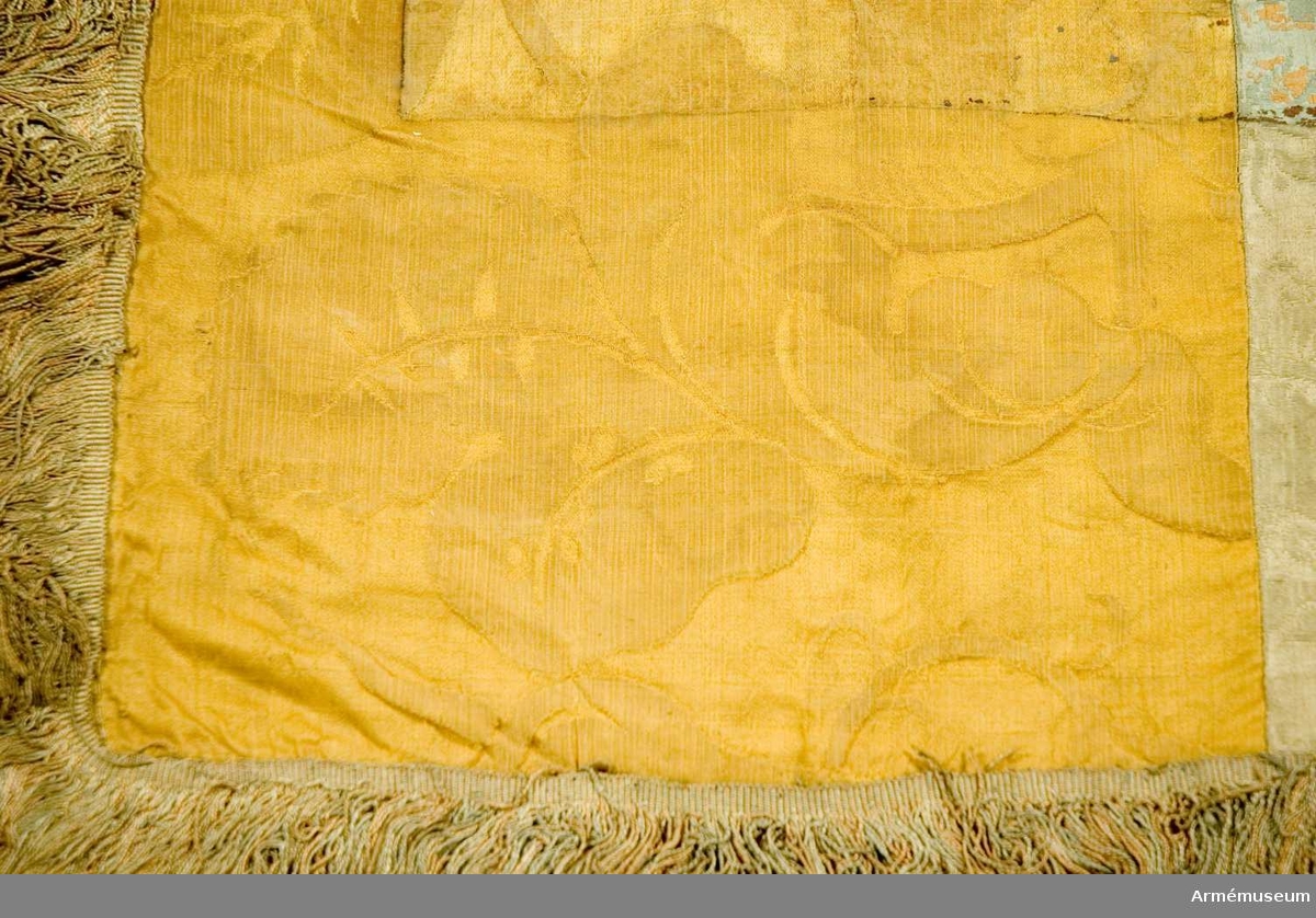Duk:
Tillverkad  av dubbel sidendamast. Duken tvåstyckad horisontellt, övre delen blå och nedre delen gul.

Dekor:
Målad. Insidan: inom en stående rektangel (360 x 225 mm) rester av Skånes vapen, rött griphuvud, krönt med gyllene krona (knappt skönjbart). 

Utsida: Karl XII:s namnchiffer under stor sluten krona i guld med konturer i rödbrunt, innefattat av två nedtill korsade och hopknutna lagerkvistar i silver och grönt.

Duken fäst med 1 rad tennlickor på rosafärget band.

Frans:
Dubbel silkesfrans, röd och blå.

Banderoll:
Tillverkad av blått/rött silke. Snodd och tofsar likaså i blått och rött.

Stång:
tillverkad av furu, ljusgrå, åtta räfflor. Järnbeslag. Löpande bärring. Holk av mässing.