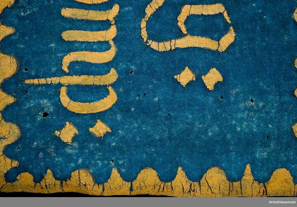Duk av enkel blå kläde. I övre inre hörnet finns ett sköldemärke med en svart grip på gul bakgrund under öppen krona. 

Text med bård runtikring i gult:
Målad lika på båda sidor, bortsett från att gripen tittar mot stången på den sidan där tännlikorna sitter.