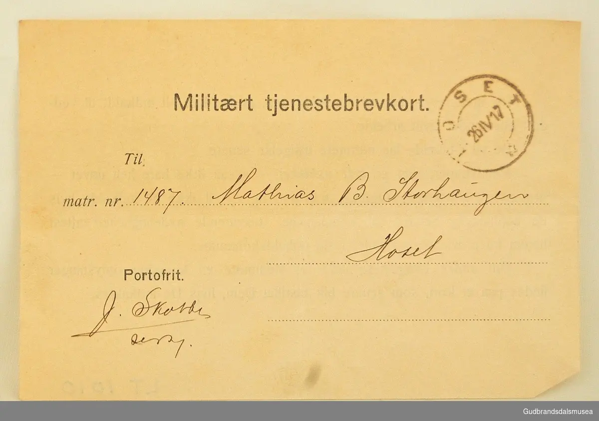 Militært tjenestebrevkort i papir, for matr.nr. 1487, datert 1926.