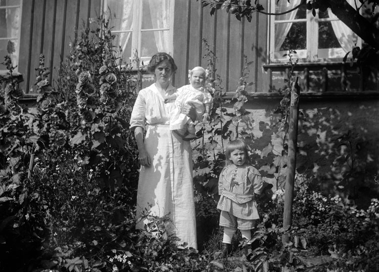 Enligt senare noteringar: " Fru Anna Johansson med Eric och Henry. Taget i konduktör Anderssons trädgård, 20/8 1915."