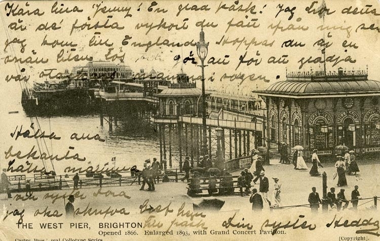 Notering på kortet: The west pier, Brighton. Opened 1866. Enlarged 1893, with Grand Concert Pavilion.