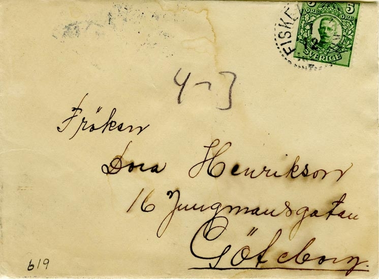 Text på Kuvertet: Fröken Dora Henriksson 16 Jungmansgatan Böteborg.