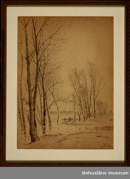 Motiv: Översvämmat landskap. I fjärran syns siluetten av byggnader. Troligen ett motiv från Frankrike där Per Ekström vistades mellan åren 1876-1890.
Bilden är monterad med passepartout, glas och ram av förgylld list. Totalmått 77,4 x 60,5 cm.