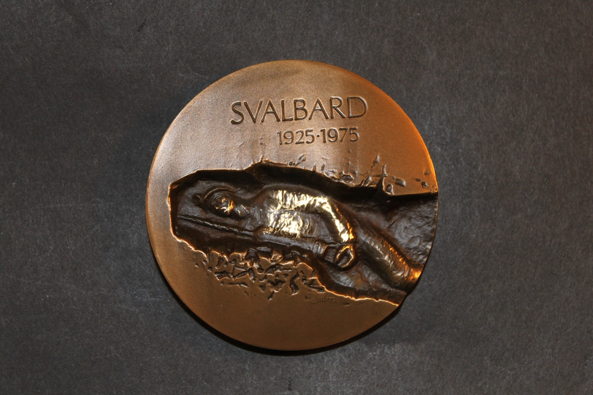 Medalj i brons, rund, kallad "Svalbardmedaljen 1975". Utfördav Nils Aas. Åtsidan visar en gruvarbetare, text enligt MRK, samt konstnärens signatur. Frånsidan visar den typiska Svalbardnaturen, fjället, fångsthyddan och det spegelblanka vattnet. Medaljen utgavsmed anledning av 50-årsminnet av Svalbards inlemmande i det norskakungariket. Mörkblått etui och medaljstativ medföljer.