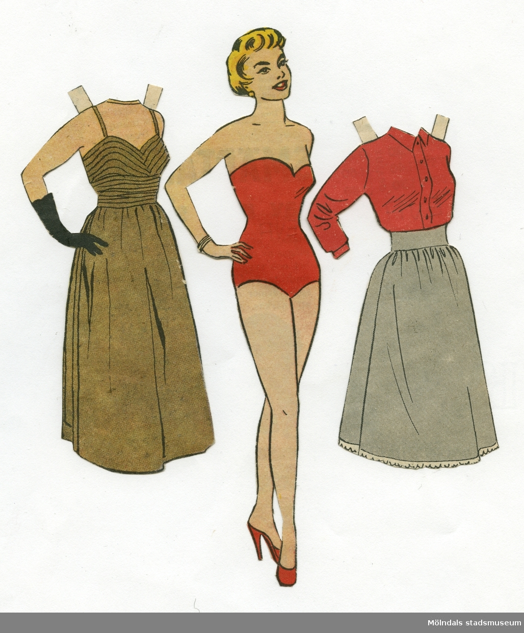 Pappersdocka med kläder, urklippta ur Hemmets Veckotidning på 1950-talet. Docka och kläder är märkta "Eva" på baksidan - dockans namn. Dockan föreställer en kvinna med kort, blont hår, iklädd röd baddräkt och högklackade skor. Garderoben består av en aftonklänning och ett set med blus och kjol. Docka och kläder förvaras i ett litet kuvert av smörpapper (MM 04624-2) med tryckt text: "113 Hedvall", samt handskrivet: "Hemmets Veckotidningen, Pappersdockor". I kuvertet förvaras även andra pappersdockor och kläder (MM 04624-04635).