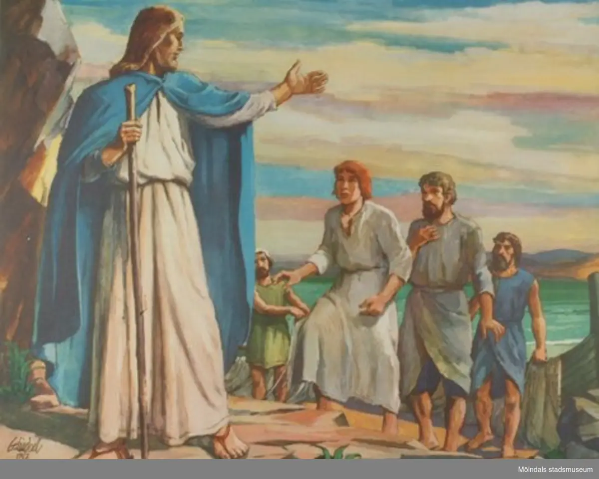 Kristendomskunskap.Jesus kallar lärjungar. (Matt. 4:18-22).Konstnär: G. Lindvall, 1947.Tryckt 1948 av Victor Pettersons bokbinderi AB, Stockholm.