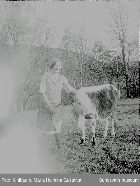 Fotograf Ester Näslund med en ko i Ljustorp. Ester Näslund föddes den 25 december 1905 i byn Öppom, Ljustorps socken.
Föräldrar var Lars Johan och Kristina Näslund. Omkring 1940 började Ester arbeta hos fotograf Maria Kihlbaum i hennes fotoateljé i Sundsvall.