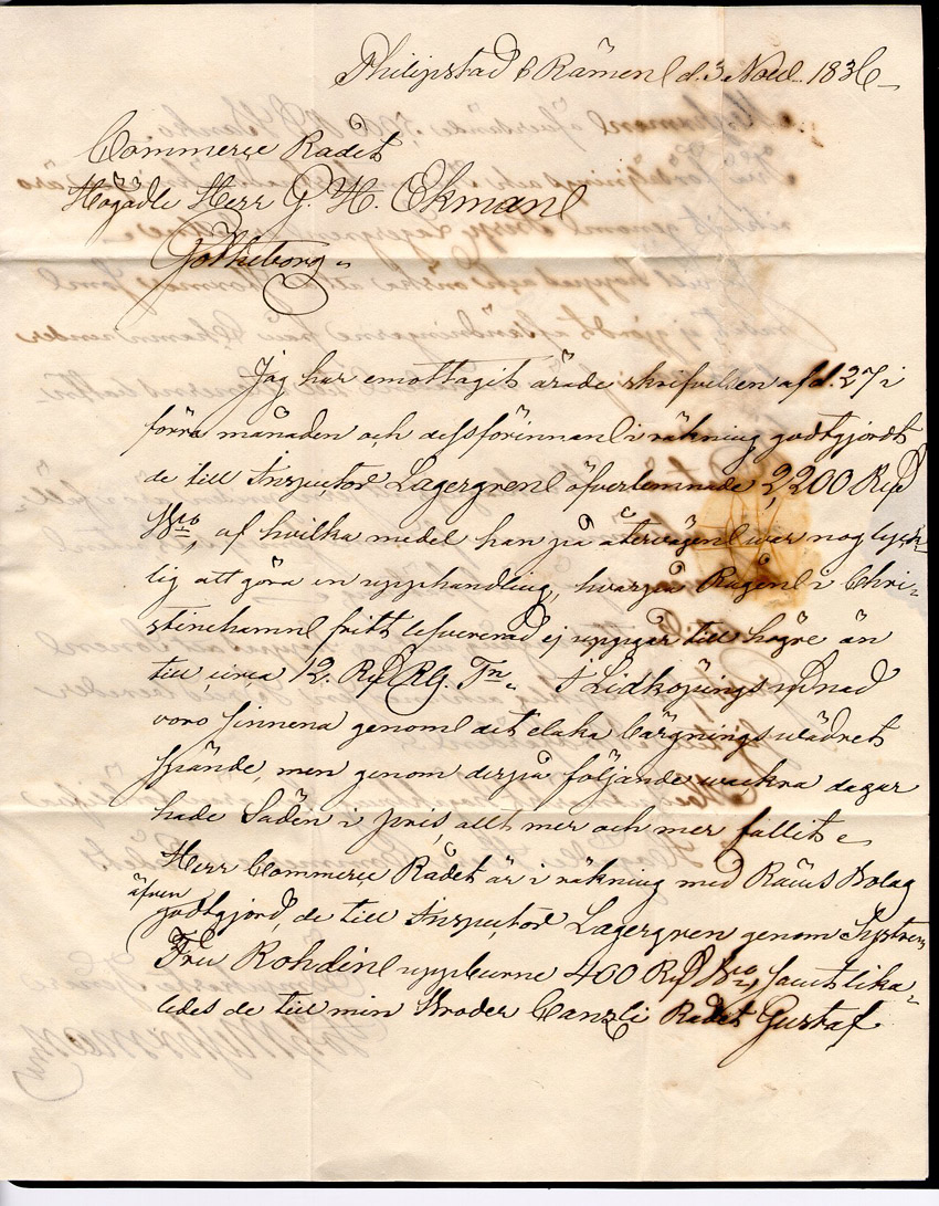 Albumblad innehållande 1 monterat förfilatelistiskt brev

Text: Brev avsänt från Philipstad den 4 november 1836 adresserat
till Götheborg

Stämpeltyp: Fyrkantstämpel