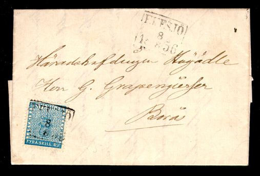 Albumblad innehållande 1 monterat frankerat brev

Text: 1856-8/8 - 4 Skilling Banco - blue - on letter from Ekesjö to
Borås  Single inland postage

Stämpeltyp: Normalstämpel 7
