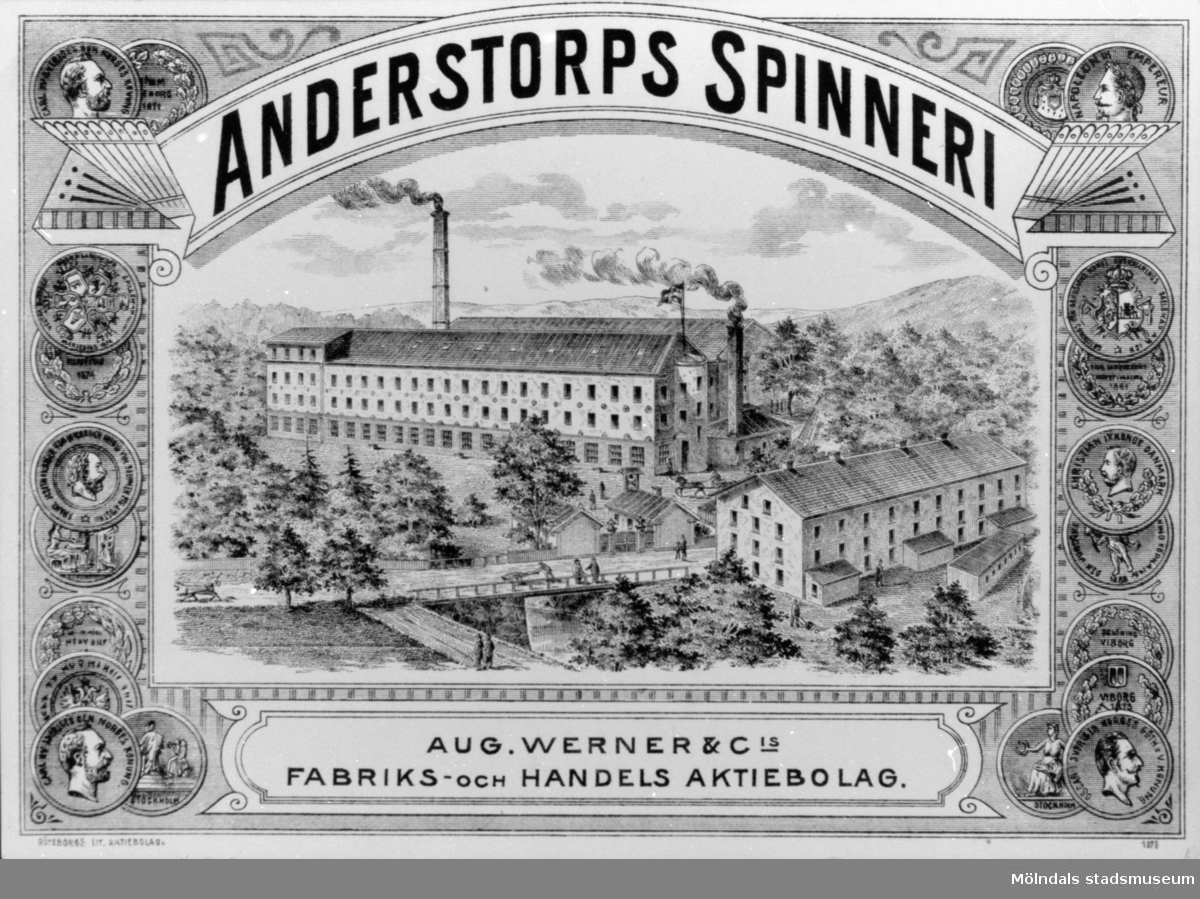 Anderstorps spinneri grundades 1829 - 1989, övergick till färgeri till 1897.
 Reklambild över området.