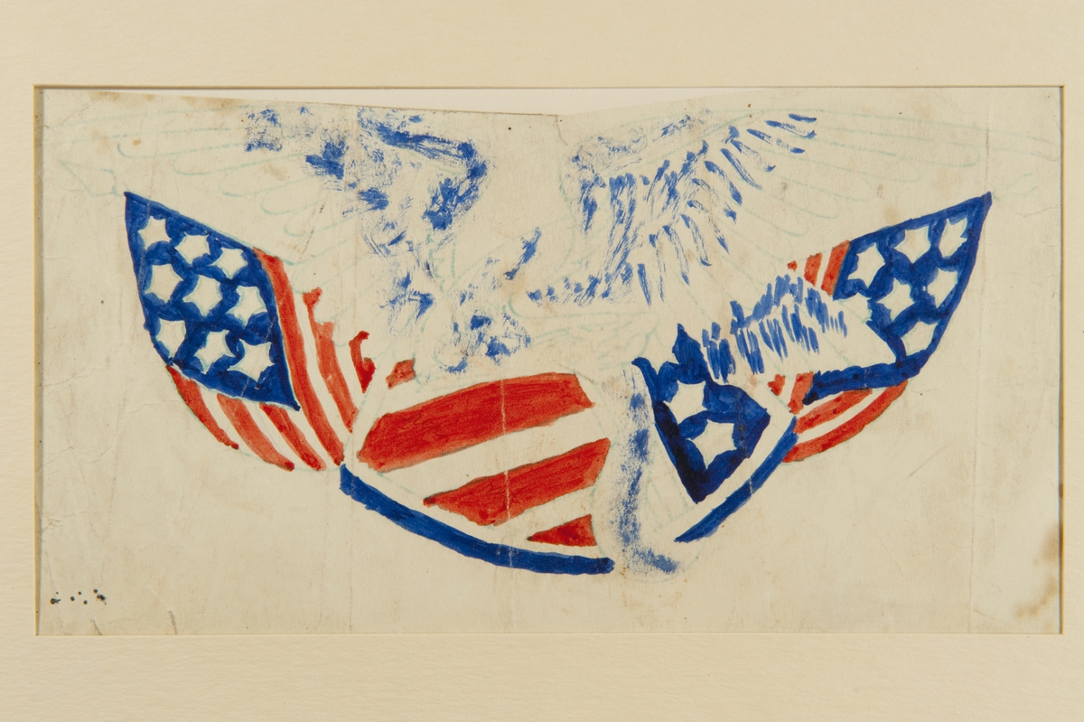 Tatueringsförlaga. En örn framför en amerikansk sköld och två korslagda amerikanska flaggor.