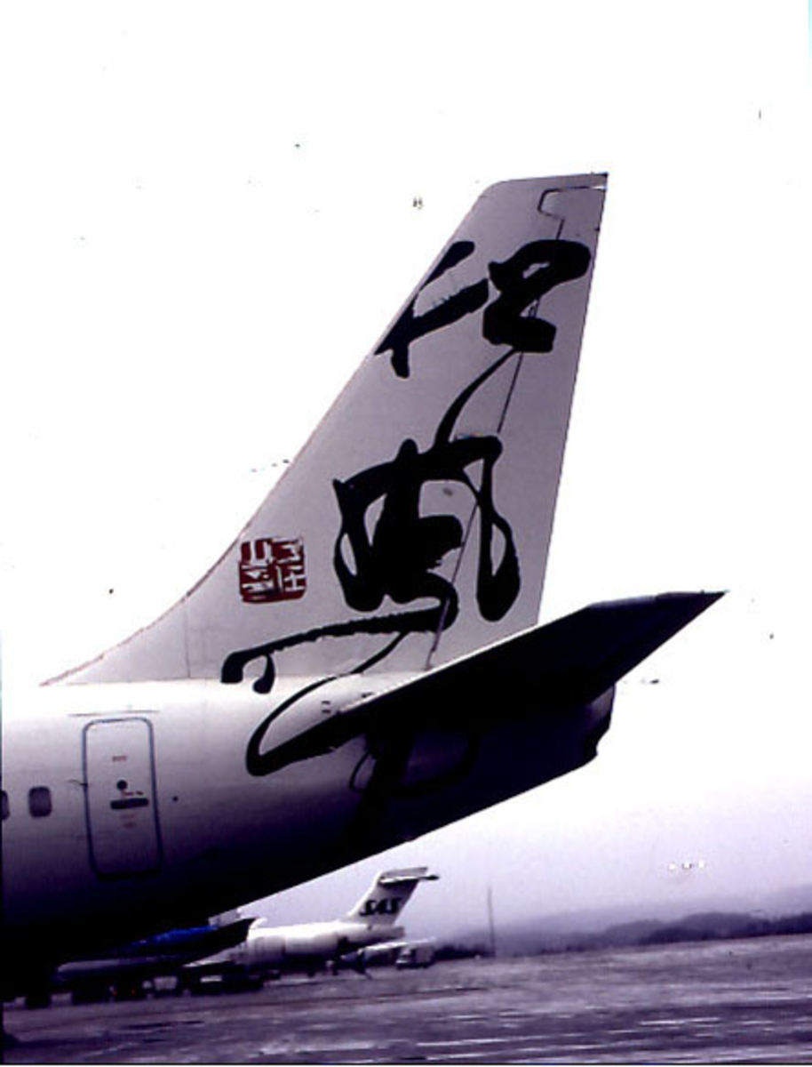 Lufthavn, 1 fly på bakken, G-BGJE Boeing 737 236 fra British Airways, detalj av haleparti med "utenlandske" bokstaver/tegn.