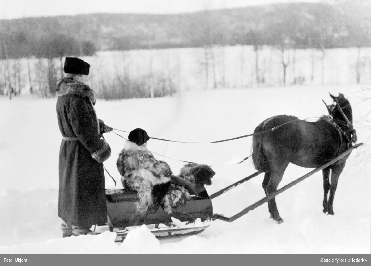 Brødrene Stang i pelsfrakker med hest og slede, Nes i Rømskog, 1914.